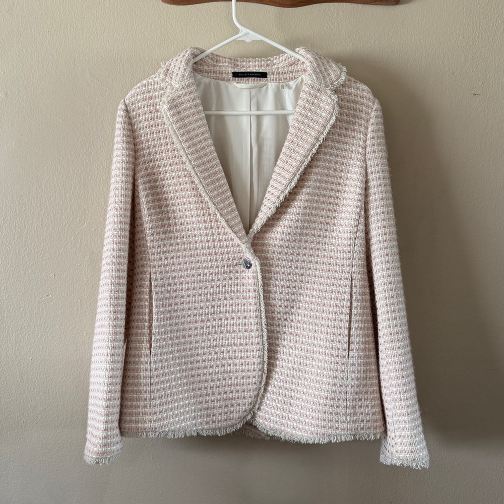 Elie Tahari Pink Off White Tweed Wool Fringe Blazer Jacket Satin Lining size 10
